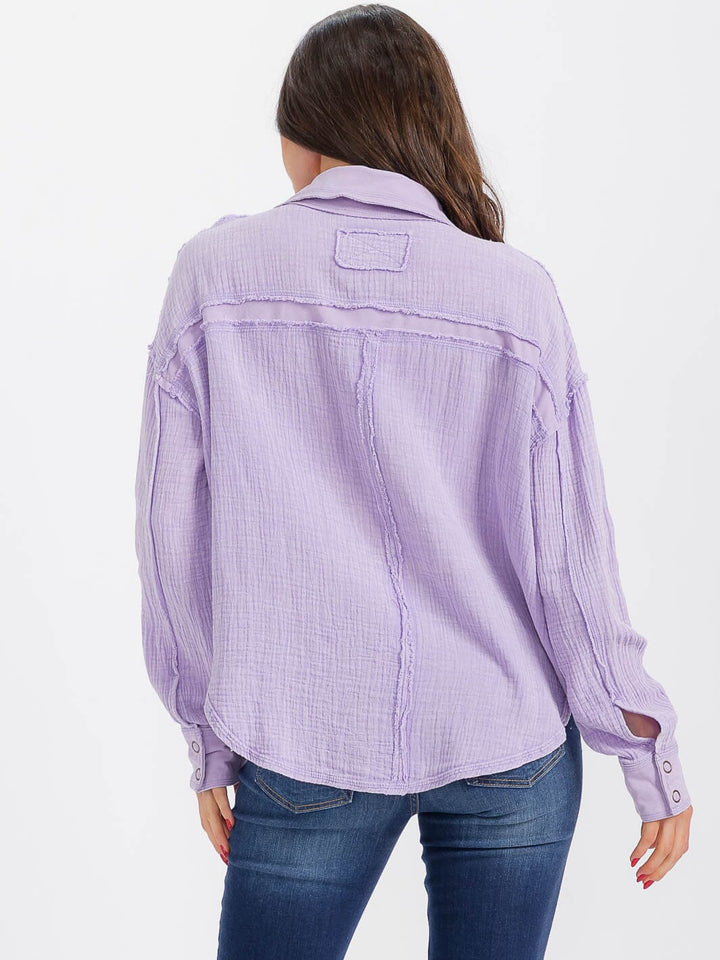 WOMEN'S LONG SLEEVE BUTTON UP FRONT POCKET BLOUSE