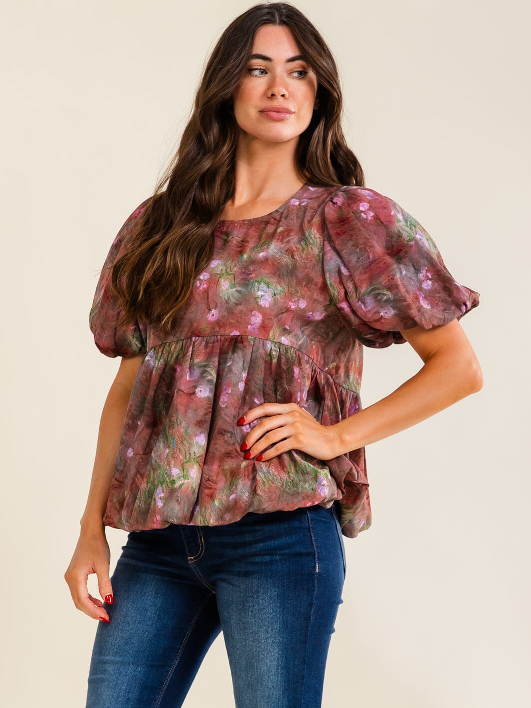 ENTRO WOMEN'S SHORT PUFF SLEEVE MULTI PRINT PEPLUM BLOUSE