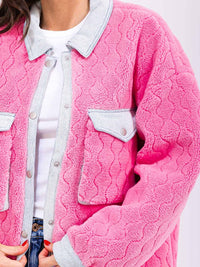 WOMEN'S LONG SLEEVE BUTTON CLOSURE FRONT POCKETS SHERPA JACKET