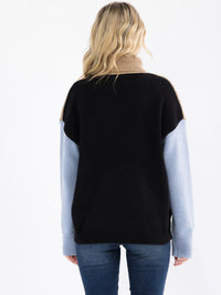 WOMEN'S LONG SLEEVE COLORBLOCK TURTLE NECK CABLE KNIT PULLOVER SWEATER