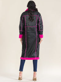 WOMEN'S LONG SLEEVE BUTTON CLOSURE FRONT POCKETS PU FAUX FUR COAT