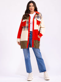 WOMEN'S LONG SLEEVE BUTTON CLOSURE FRONT POCKETS COLORBLOCK CORDUROY JACKET