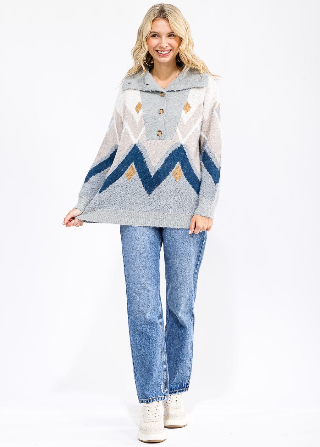 WOMEN'S LONG SLEEVE BUTTON UP MULTI PRINT PULLOVER SWEATER