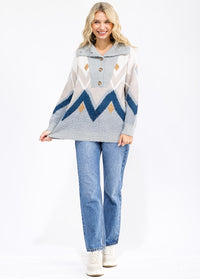 WOMEN'S LONG SLEEVE BUTTON UP MULTI PRINT PULLOVER SWEATER