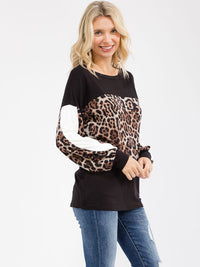 WOMEN'S LONG SLEEVE COLORBLOCK CONTRAST ANIMAL PRINT TOP