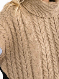 WOMEN'S LONG SLEEVE COLORBLOCK TURTLE NECK CABLE KNIT PULLOVER SWEATER
