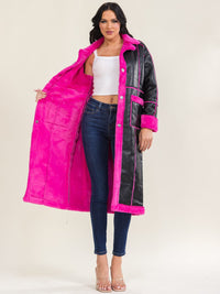 WOMEN'S LONG SLEEVE BUTTON CLOSURE FRONT POCKETS PU FAUX FUR COAT