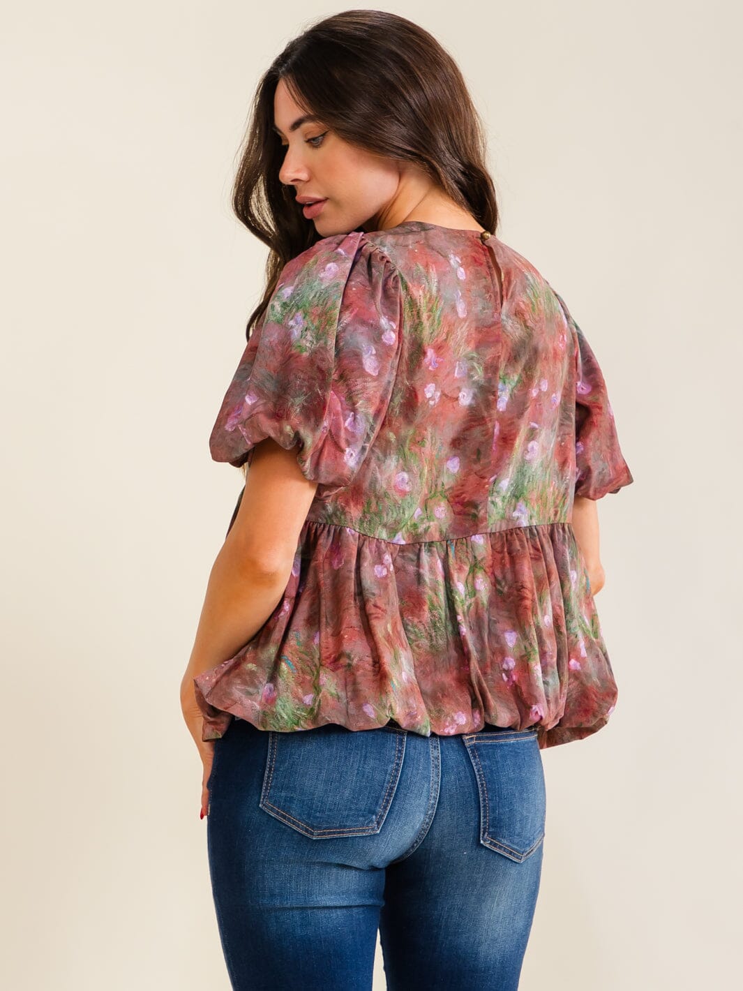 ENTRO WOMEN'S SHORT PUFF SLEEVE MULTI PRINT PEPLUM BLOUSE