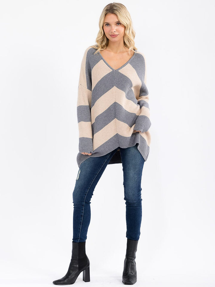 WOMEN'S LONG SLEEVE V-NECK KNIT COLORBLOCK PULLOVER HIGH-LOW SWEATER