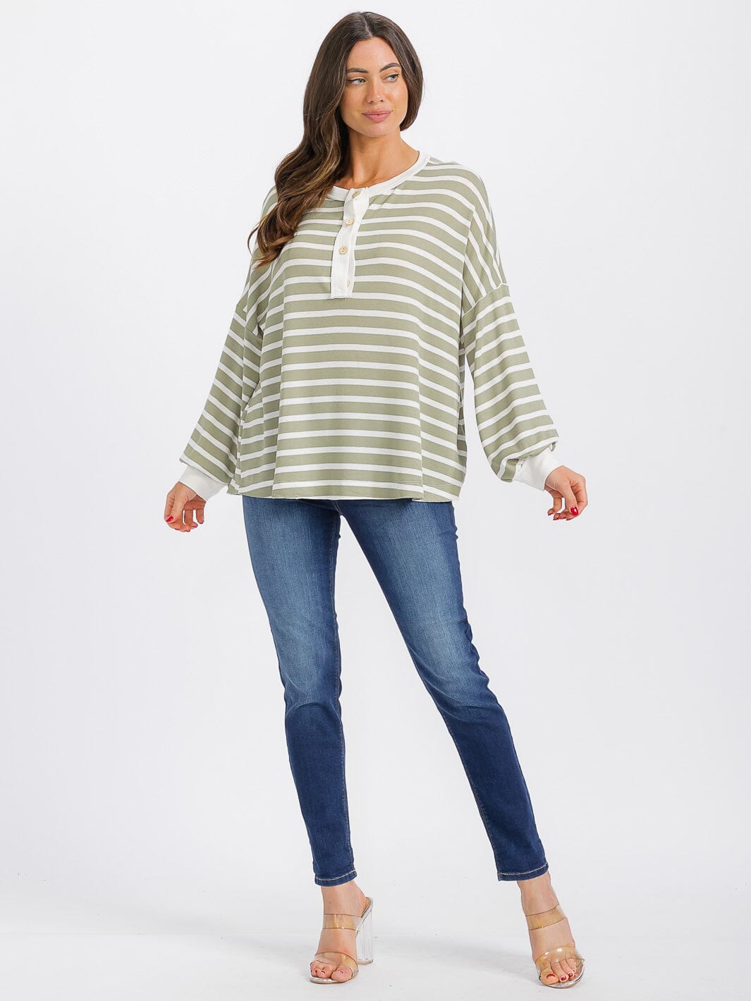 WOMEN'S LONG SLEEVE BUTTON UP COLORBLOCK STRIPES TOP
