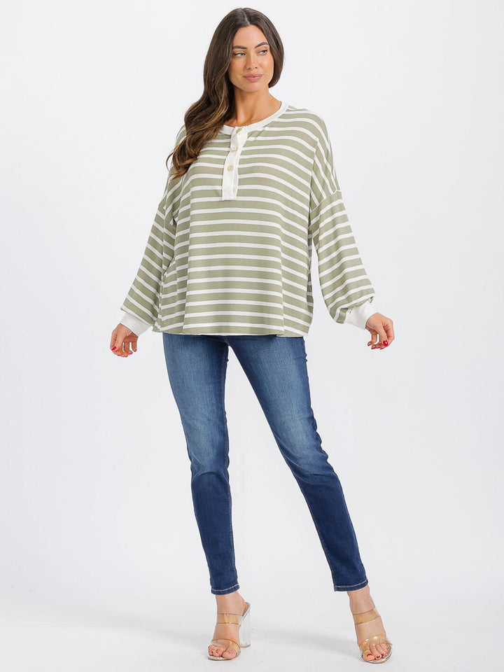 WOMEN'S LONG SLEEVE BUTTON UP COLORBLOCK STRIPES TOP