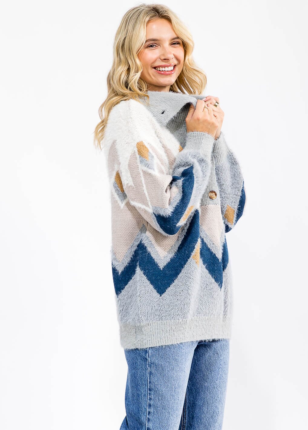 WOMEN'S LONG SLEEVE BUTTON UP MULTI PRINT PULLOVER SWEATER
