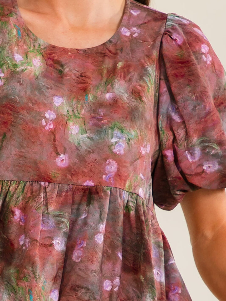 ENTRO WOMEN'S SHORT PUFF SLEEVE MULTI PRINT PEPLUM BLOUSE