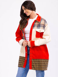 WOMEN'S LONG SLEEVE BUTTON CLOSURE FRONT POCKETS COLORBLOCK CORDUROY JACKET