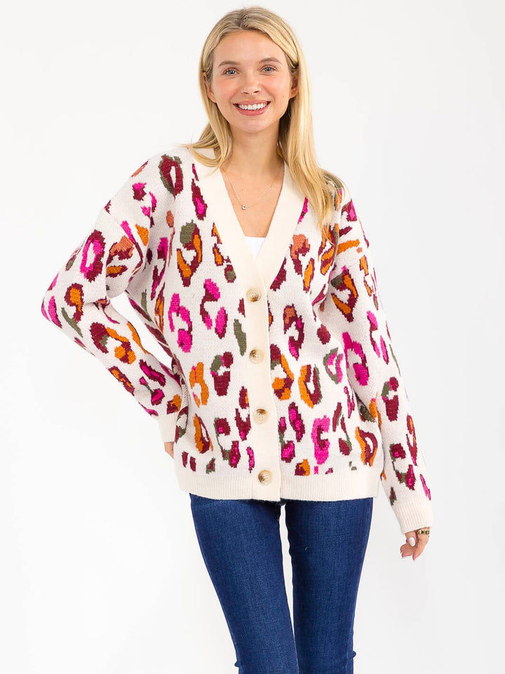 WOMEN'S LONG SLEEVE BUTTON CLOSURE ANIMAL PRINT CARDIGAN