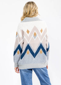 WOMEN'S LONG SLEEVE BUTTON UP MULTI PRINT PULLOVER SWEATER