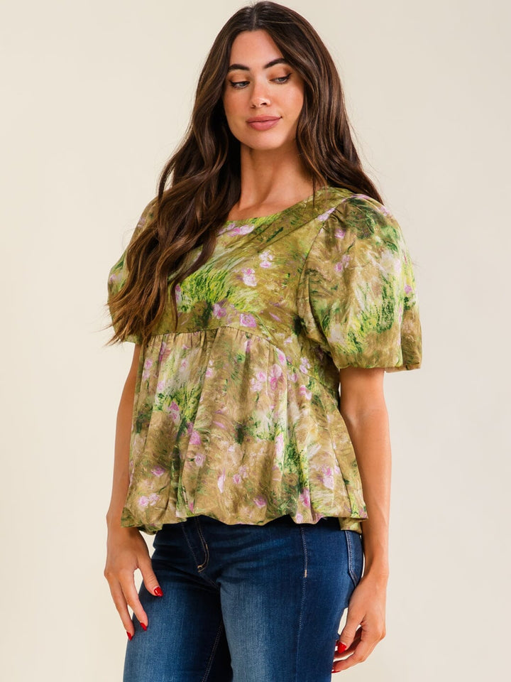ENTRO WOMEN'S SHORT PUFF SLEEVE MULTI PRINT PEPLUM BLOUSE