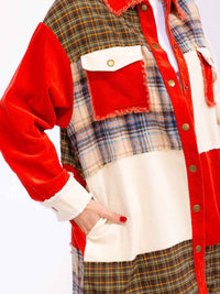 WOMEN'S LONG SLEEVE BUTTON CLOSURE FRONT POCKETS COLORBLOCK CORDUROY JACKET
