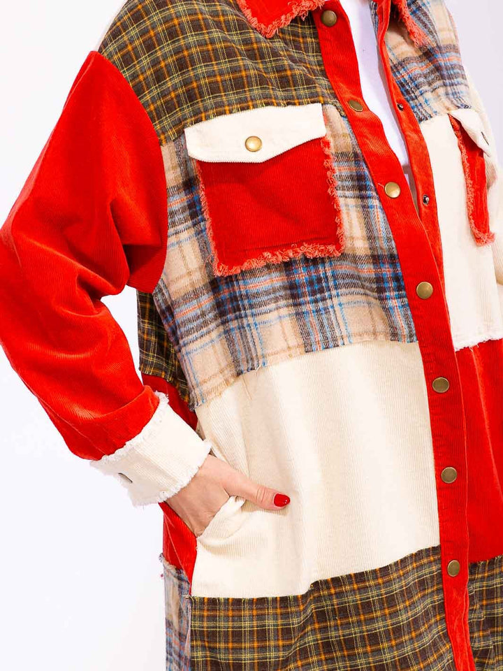 WOMEN'S LONG SLEEVE BUTTON CLOSURE FRONT POCKETS COLORBLOCK CORDUROY JACKET