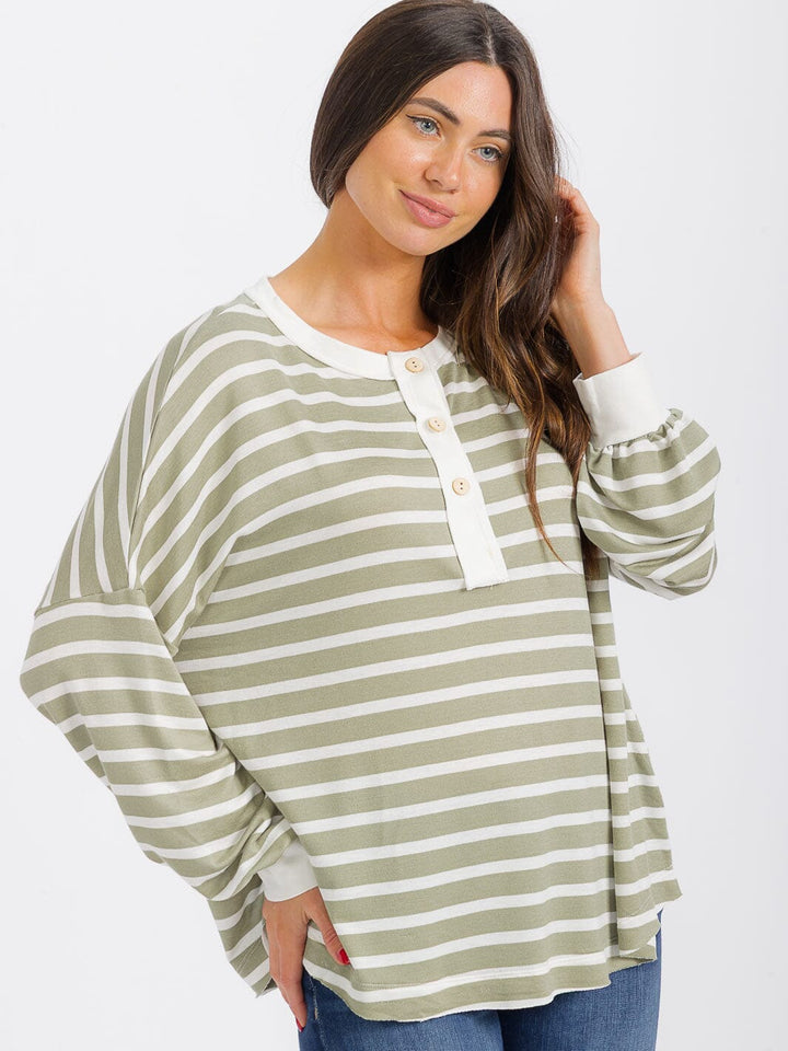 WOMEN'S LONG SLEEVE BUTTON UP COLORBLOCK STRIPES TOP