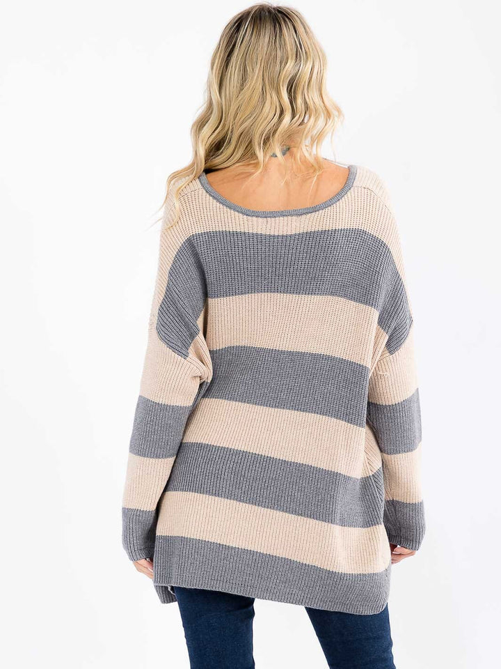 WOMEN'S LONG SLEEVE V-NECK KNIT COLORBLOCK PULLOVER HIGH-LOW SWEATER