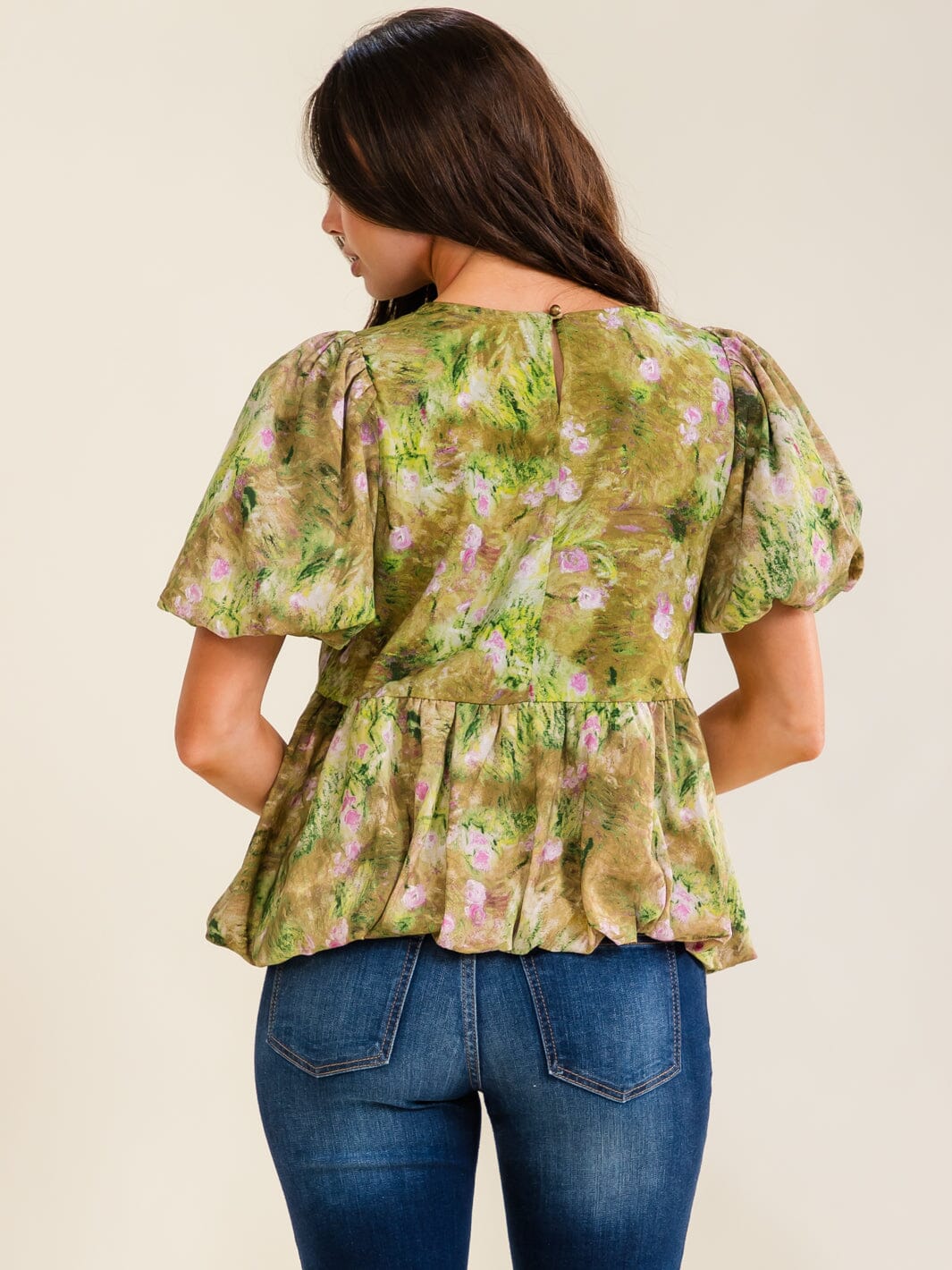 ENTRO WOMEN'S SHORT PUFF SLEEVE MULTI PRINT PEPLUM BLOUSE