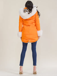 WOMEN'S LONG SLEEVE ZIP UP FRONT POCKETS REMOVABLE HOODIE & FAUX FUR REVERSIBLE ANIMAL PRINT SHERPA PUFFER COAT