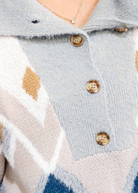 WOMEN'S LONG SLEEVE BUTTON UP MULTI PRINT PULLOVER SWEATER