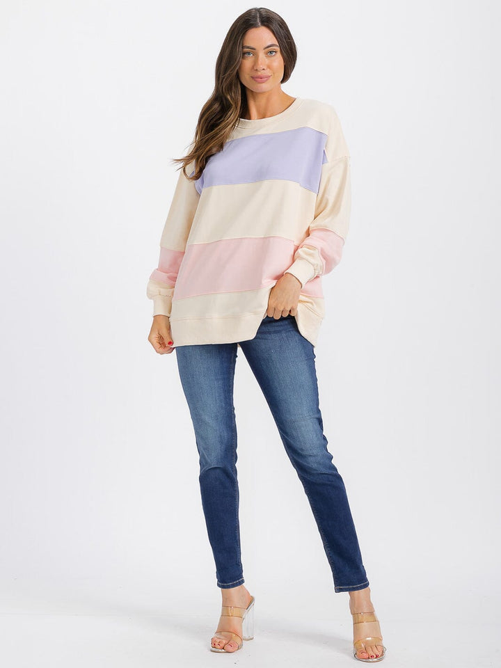 WOMEN'S LONG SLEEVE COLORBLOCK STRIPES PULLOVER SWEATER