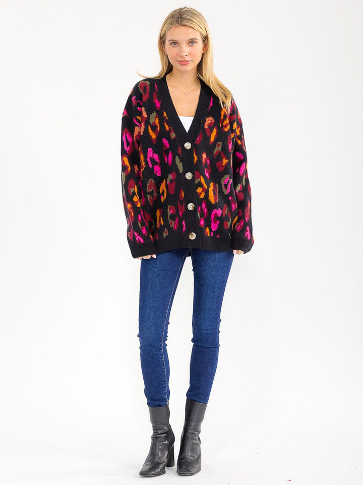 WOMEN'S LONG SLEEVE BUTTON CLOSURE ANIMAL PRINT CARDIGAN