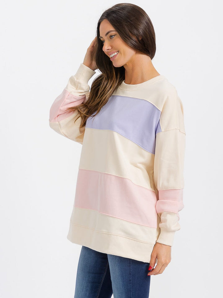 WOMEN'S LONG SLEEVE COLORBLOCK STRIPES PULLOVER SWEATER