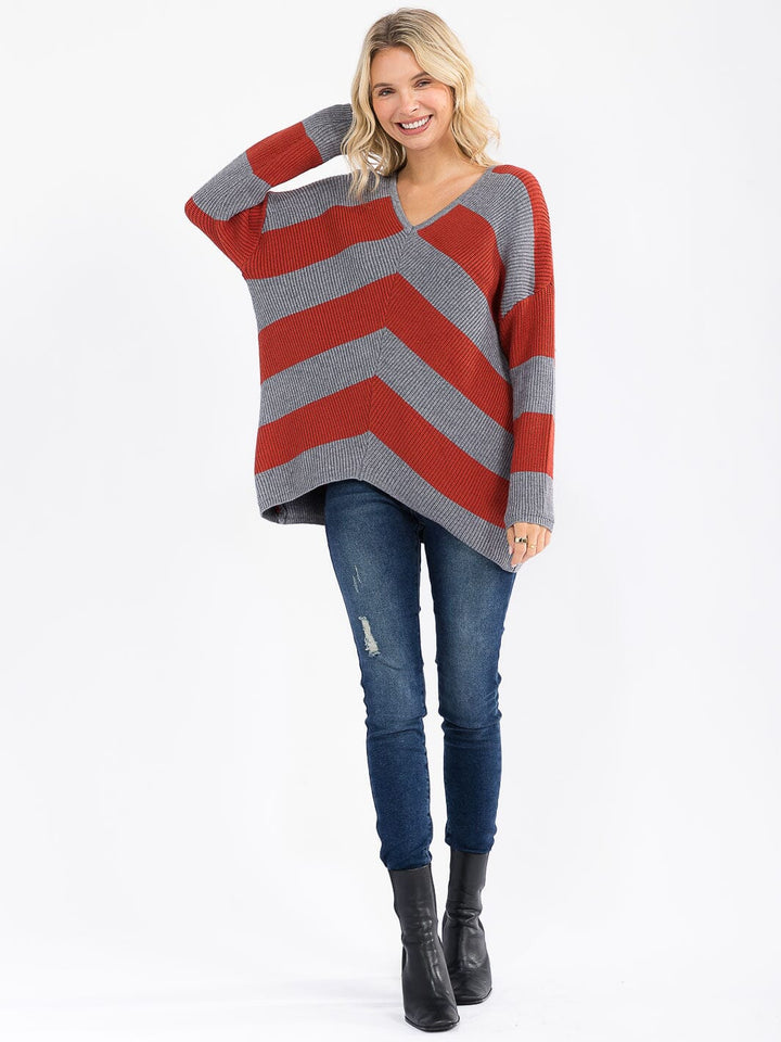 WOMEN'S LONG SLEEVE V-NECK KNIT COLORBLOCK PULLOVER HIGH-LOW SWEATER