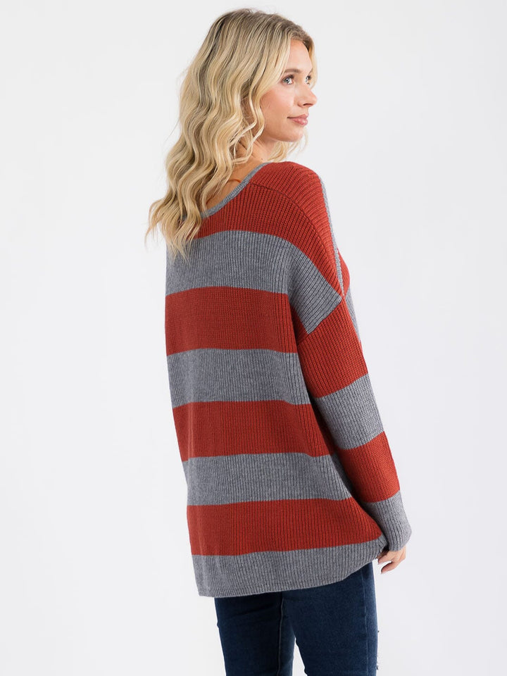 WOMEN'S LONG SLEEVE V-NECK KNIT COLORBLOCK PULLOVER HIGH-LOW SWEATER