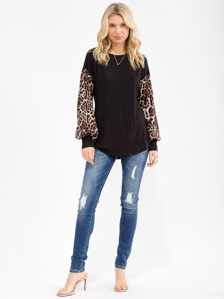 WOMEN'S LONG SLEEVE ANIMAL PRINT CONTRAST LOOSE FIT TOP