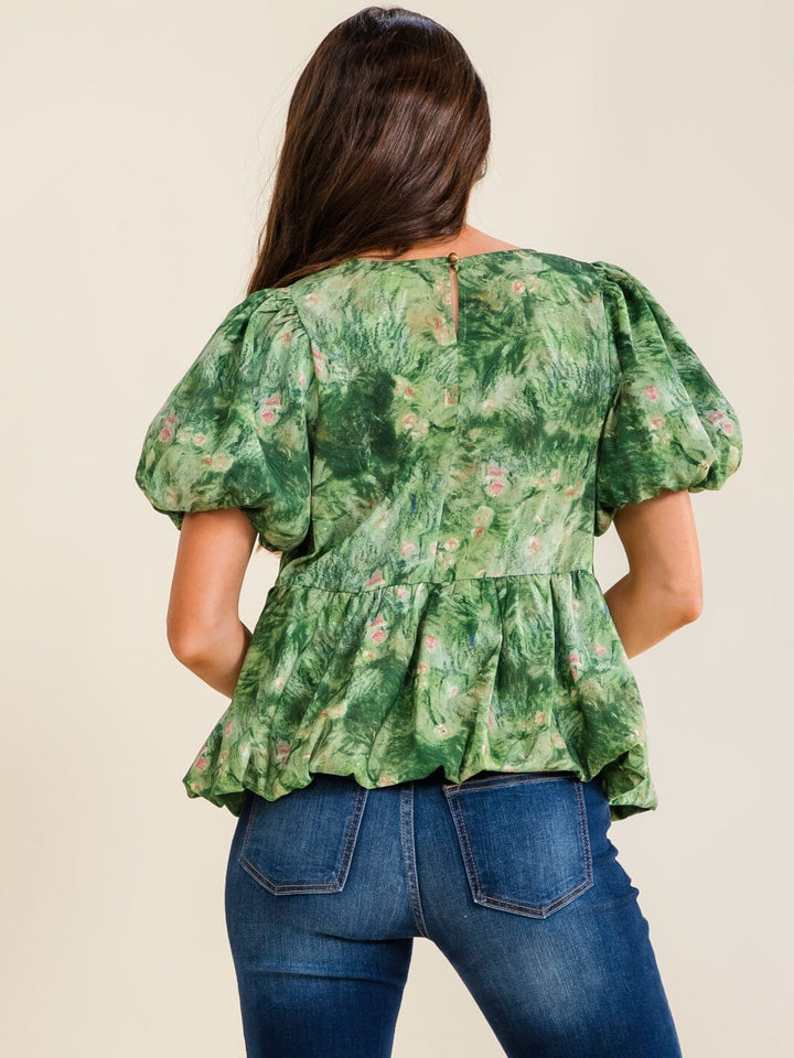 ENTRO WOMEN'S SHORT PUFF SLEEVE MULTI PRINT PEPLUM BLOUSE