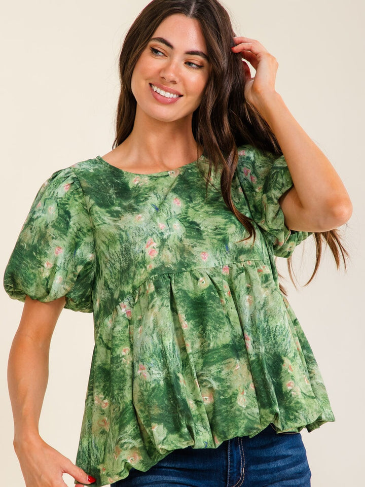 ENTRO WOMEN'S SHORT PUFF SLEEVE MULTI PRINT PEPLUM BLOUSE