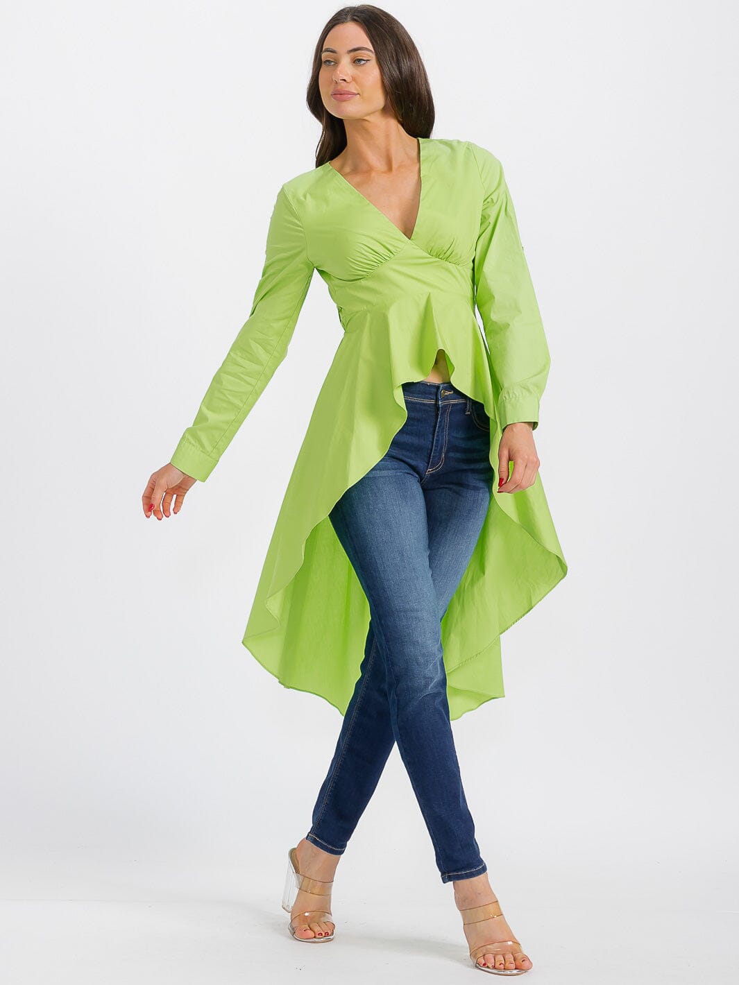WOMEN'S LONG SLEEVE V-NECK LOW-HIGH RUFFLE TOP