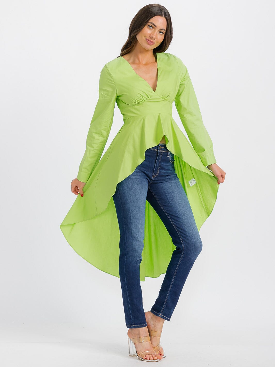 WOMEN'S LONG SLEEVE V-NECK LOW-HIGH RUFFLE TOP