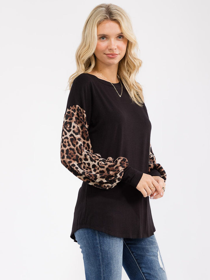 WOMEN'S LONG SLEEVE ANIMAL PRINT CONTRAST LOOSE FIT TOP