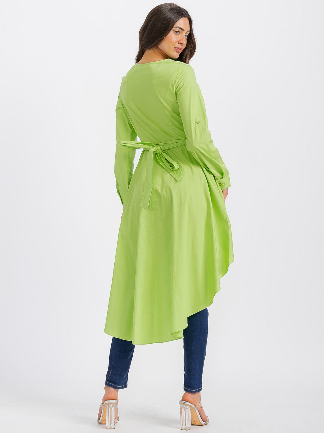 WOMEN'S LONG SLEEVE V-NECK LOW-HIGH RUFFLE TOP