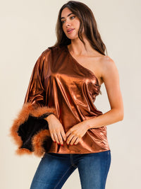 ENTRO WOMEN'S LONG SLEEVE ONE SHOULDER TRIM DETAILED SHIMMER BLOUSE