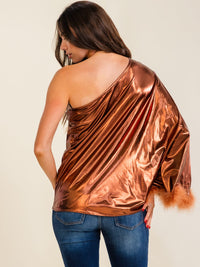 ENTRO WOMEN'S LONG SLEEVE ONE SHOULDER TRIM DETAILED SHIMMER BLOUSE