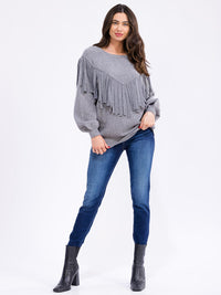 WOMEN'S LONG SLEEVE FRINGE DETAILED PULLOVER SWEATER