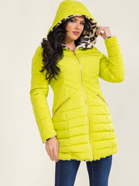 WOMEN'S LONG SLEEVE ZIP UP FRONT POCKETS REMOVABLE HOODIE REVERSIBLE ANIMAL PRINT SHERPA PUFFER COAT