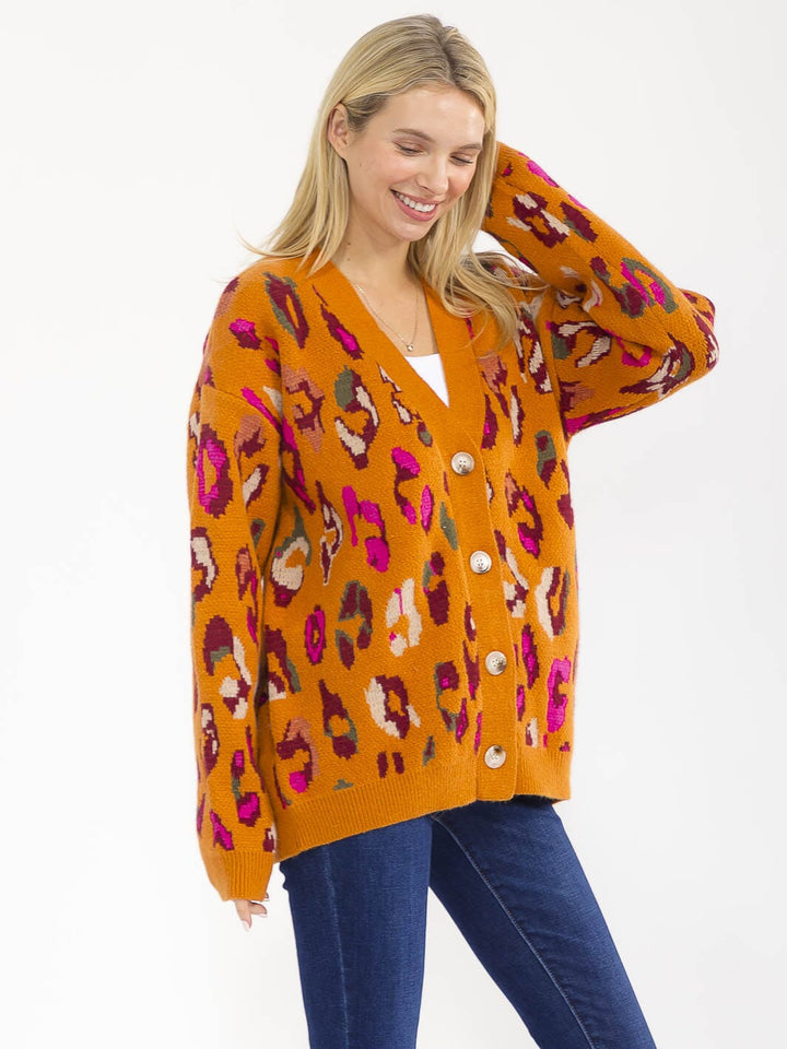 WOMEN'S LONG SLEEVE BUTTON CLOSURE ANIMAL PRINT CARDIGAN