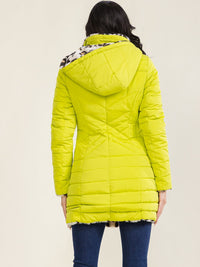 WOMEN'S LONG SLEEVE ZIP UP FRONT POCKETS REMOVABLE HOODIE REVERSIBLE ANIMAL PRINT SHERPA PUFFER COAT