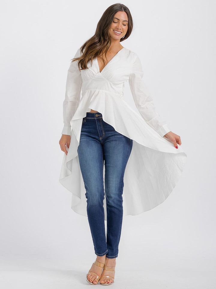 WOMEN'S LONG SLEEVE V-NECK LOW-HIGH RUFFLE TOP