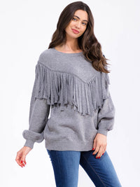 WOMEN'S LONG SLEEVE FRINGE DETAILED PULLOVER SWEATER