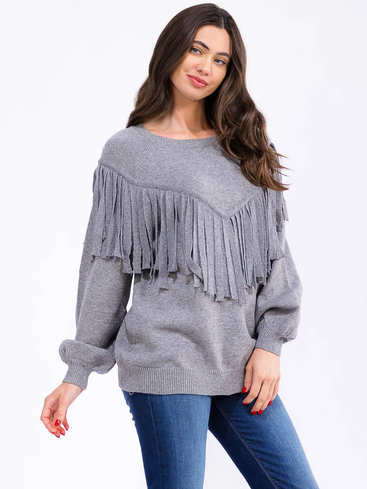 WOMEN'S LONG SLEEVE FRINGE DETAILED PULLOVER SWEATER