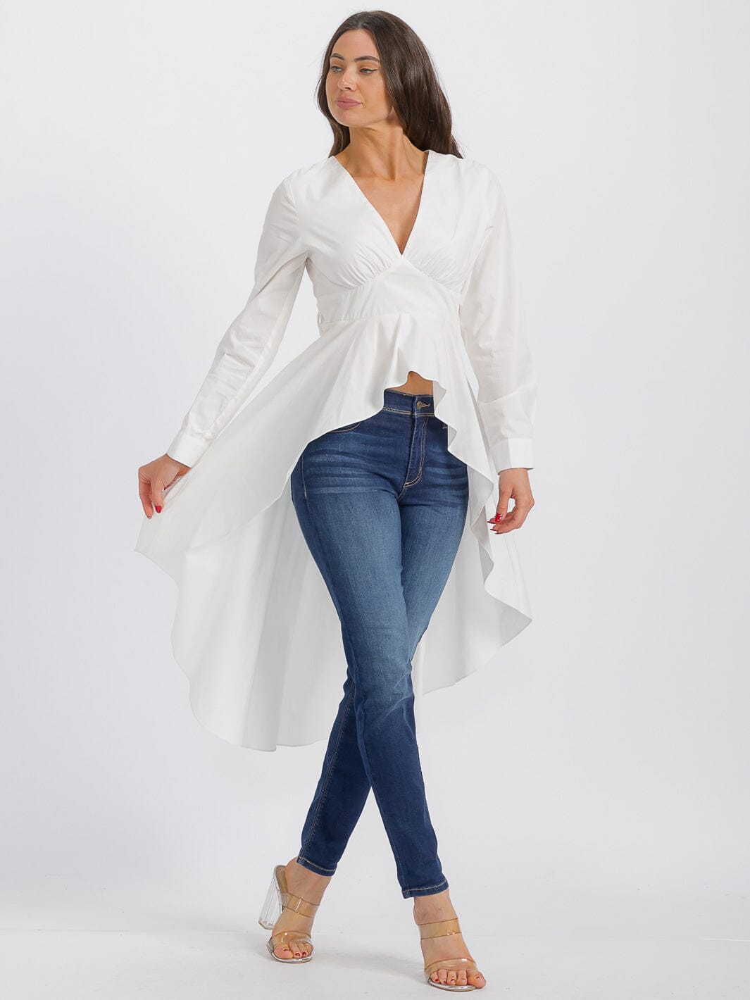 WOMEN'S LONG SLEEVE V-NECK LOW-HIGH RUFFLE TOP
